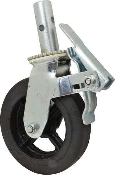 Fairbanks - 9-1/2" Diam x 2" Wide, Rubber Molded on 70 Durometer Swivel with Brake Double Braking Lock Design Caster - 500 Lb Capacity, Round Scaffold Stem Mount, Roller Bearing - Caliber Tooling