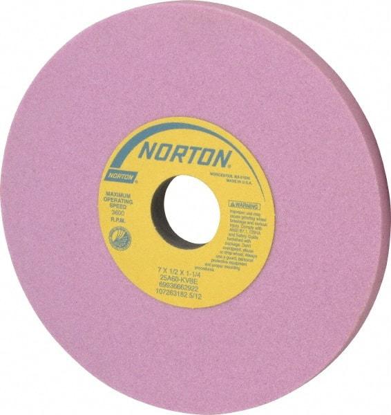 Norton - 7" Diam x 1-1/4" Hole x 1/2" Thick, K Hardness, 60 Grit Surface Grinding Wheel - Aluminum Oxide, Type 1, Medium Grade, 3,600 Max RPM, Vitrified Bond, No Recess - Caliber Tooling