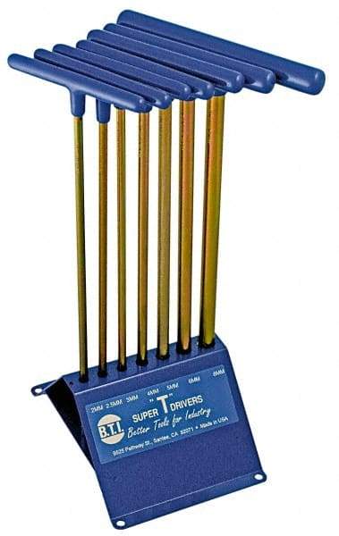 Made in USA - 7 Piece T-Handle Hex Key Set - Hex Range 2 to 8mm, 13" OAL, Chromalloy Steel - Caliber Tooling