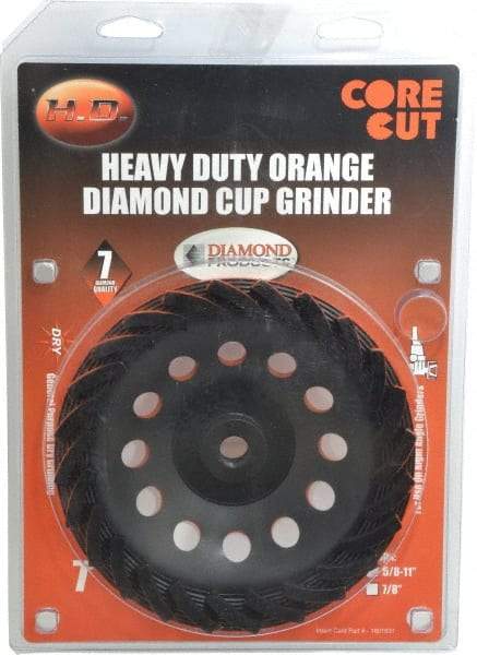 Core Cut - 7" Diam, 3/16" Overall Thickness, Spiral Cup Tool & Cutter Grinding Wheel - Diamond, 8,725 RPM - Caliber Tooling