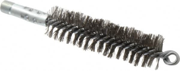 Schaefer Brush - 4-1/2" Brush Length, 1-1/4" Diam, Double Stem, Double Spiral Tube Brush - 7-1/4" Long, Stainless Steel, 1/4" NPSM Male Connection - Caliber Tooling