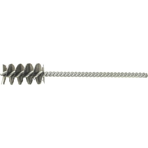 Brush Research Mfg. - 11/16" Diam Helical Stainless Steel Tube Brush - Single Spiral, 0.008" Filament Diam, 1-1/2" Brush Length, 5" OAL, 0.22" Diam Galvanized Steel Shank - Caliber Tooling