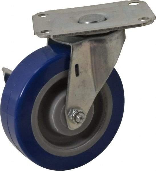 E.R. Wagner - 4" Diam x 1-1/4" Wide x 4-11/16" OAH Top Plate Mount Swivel Caster with Brake - Polyurethane, 275 Lb Capacity, Delrin Bearing, 2-3/4 x 3-3/4" Plate - Caliber Tooling