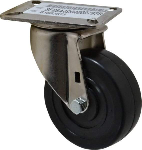 E.R. Wagner - 4" Diam x 1-3/8" Wide x 5-3/8" OAH Top Plate Mount Swivel Caster - Soft Rubber, 200 Lb Capacity, Delrin Bearing, 3-1/8 x 4-1/8" Plate - Caliber Tooling