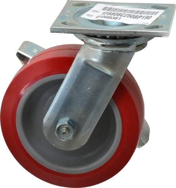 E.R. Wagner - 6" Diam x 2" Wide x 7-1/2" OAH Top Plate Mount Swivel Caster with Brake - Polyurethane, 900 Lb Capacity, Roller Bearing, 4 x 4-1/2" Plate - Caliber Tooling