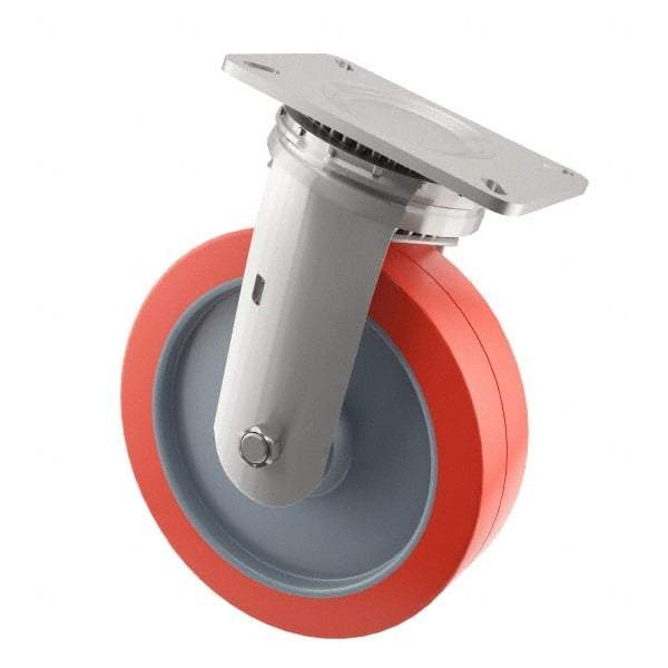 E.R. Wagner - 8" Diam x 2" Wide x 9-1/2" OAH Top Plate Mount Swivel Caster - Polyurethane, 900 Lb Capacity, Roller Bearing, 4 x 4-1/2" Plate - Caliber Tooling