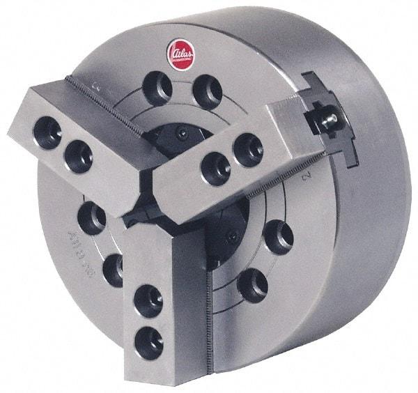 Atlas Workholding - 3 Jaws, 10" Chuck Diam, A2-6 Mount, 2.952" Through Hole, Drawbar, Hydraulic Power Lathe Chuck - 24,420 Lb Force per Jaw, 1.5mm x 60 Serrated Jaw Interface, 1.22" to 10" Jaw Capacity, 4,200 RPM - Caliber Tooling