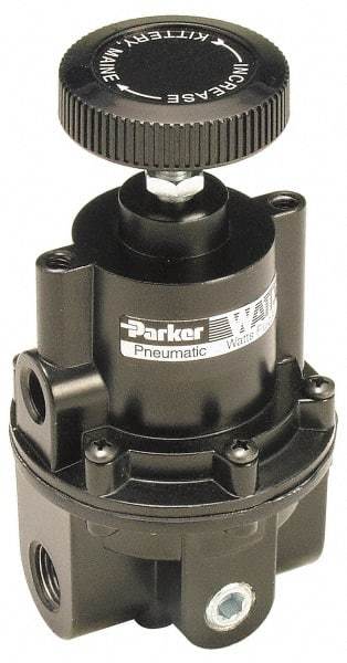 Parker - 3/8 NPT Port, 80 CFM, Aluminum Diaphragm Operated Regulator - 0 to 60 psi Range, 250 Max psi Supply Pressure, 1/4" Gauge Port Thread, 2.06" Wide x 4.35" High - Caliber Tooling