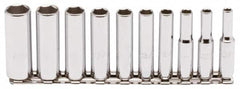 Proto - 10 Piece 1/4" Drive Chrome Finish Deep Well Socket Set - 6 Points, 3/16" to 9/16" Range, Inch Measurement Standard - Caliber Tooling