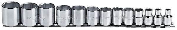 Proto - 13 Piece 3/8" Drive Chrome Finish Socket Set - 6 Points, 1/4" to 1" Range, Inch Measurement Standard - Caliber Tooling