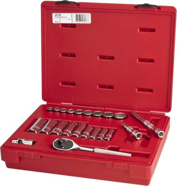 Proto - 22 Piece 3/8" Drive Chrome Finish Deep Well Socket Set - 12 Points, 3/8" to 7/8" Range, Inch Measurement Standard - Caliber Tooling