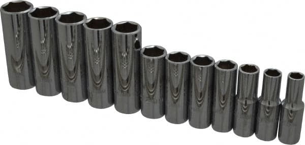 Proto - 12 Piece 3/8" Drive Chrome Finish Deep Well Socket Set - 6 Points, 8mm to 19mm Range, Metric Measurement Standard - Caliber Tooling