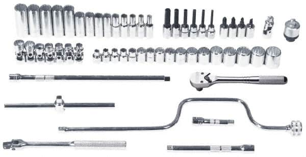 Proto - 57 Piece 3/8" Drive Chrome Finish Deep Well Socket Set - 12 Points, 6mm to 22mm Range, Metric Measurement Standard - Caliber Tooling