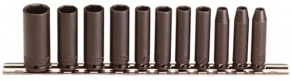 Proto - 11 Piece 1/4" Drive Black Finish Deep Well Impact Socket Set - 6 Points, 3/16" to 5/8" Range, Inch Measurement Standard - Caliber Tooling