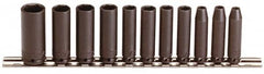 Proto - 11 Piece 1/4" Drive Black Finish Deep Well Impact Socket Set - 6 Points, 3/16" to 5/8" Range, Inch Measurement Standard - Caliber Tooling