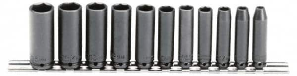 Proto - 11 Piece 1/4" Drive Black Finish Deep Well Impact Socket Set - 6 Points, 5mm to 15mm Range, Metric Measurement Standard - Caliber Tooling