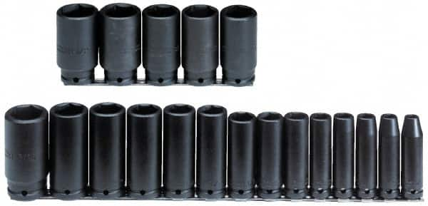 Proto - 19 Piece 1/2" Drive Black Finish Deep Well Impact Socket Set - 6 Points, 3/8" to 1-1/2" Range, Inch Measurement Standard - Caliber Tooling