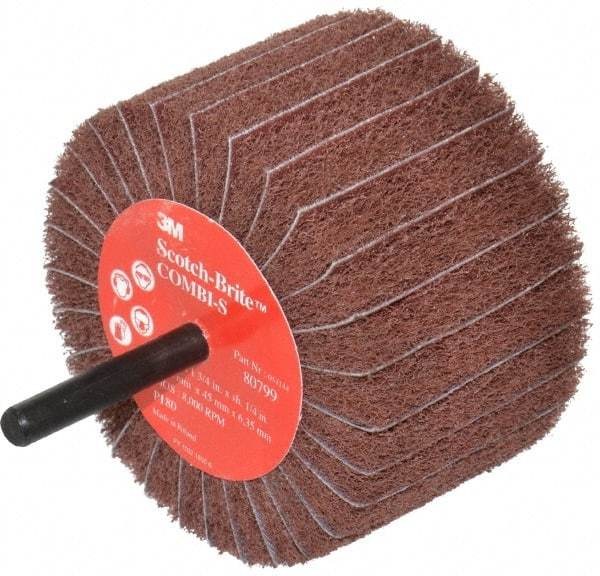 3M - 3" Diam x 1-3/4" Face Width, Very Fine Aluminum Oxide Coated Mounted Flap Wheel - 1/4" Shank Mount, 180 Grit, X Weighted Backing, 7,500 Max RPM - Caliber Tooling