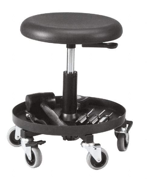 Bevco - 16 to 20-1/4" Hight Maintenance Repair Utility Stool with 16" Plastic Storage Tray - Polyurethane Seat, Black, Five 3" Rubber Wheel Casters - Caliber Tooling