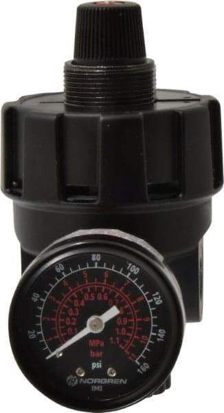 Norgren - 1/4 NPT Port, 200 CFM, Zinc Hi-Flow Regulator - 10 to 125 psi Range, 300 Max psi Supply Pressure, 1/4" Gauge Port Thread, 2.7" Wide x 4.83" High - Caliber Tooling