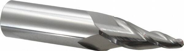 Accupro - 10° Taper Angle per Side, 1/4" Small End Diam, 2" LOC, Solid Carbide 3 Flute Tapered Ball End Mill - 5" OAL, 1" Shank Diam - Caliber Tooling