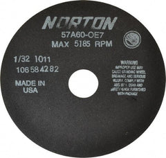 Norton - 7" 60 Grit Aluminum Oxide Cutoff Wheel - 1/32" Thick, 1-1/4" Arbor, 5,185 Max RPM, Use with Stationary Tools - Caliber Tooling