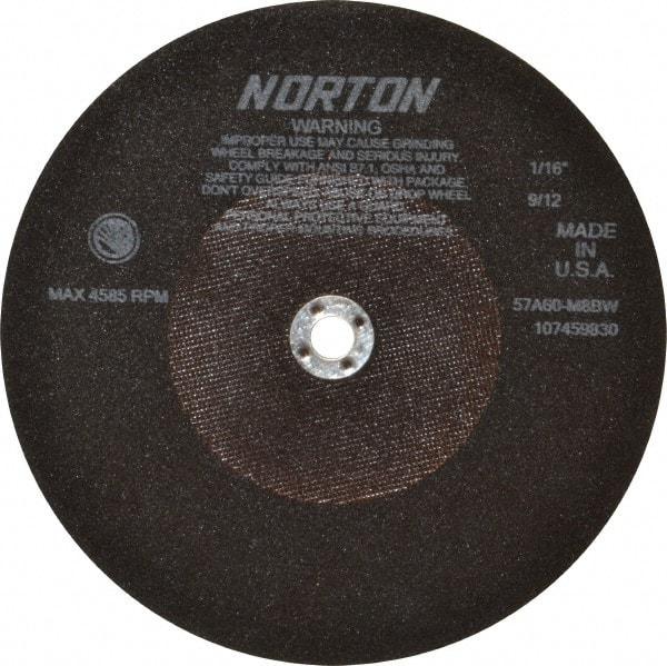 Norton - 10" 60 Grit Aluminum Oxide Cutoff Wheel - 1/16" Thick, 5/8" Arbor, 4,585 Max RPM, Use with Stationary Tools - Caliber Tooling