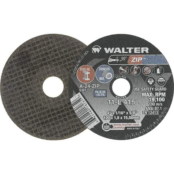 WALTER Surface Technologies - 4" 24 Grit Aluminum Oxide Cutoff Wheel - 1/16" Thick, 5/8" Arbor, 19,100 Max RPM, Use with Die Grinders - Caliber Tooling