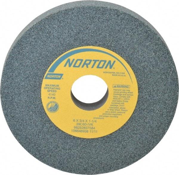 Norton - 6" Diam x 1-1/4" Hole x 3/4" Thick, I Hardness, 60 Grit Surface Grinding Wheel - Silicon Carbide, Type 1, Medium Grade, 4,140 Max RPM, Vitrified Bond, No Recess - Caliber Tooling