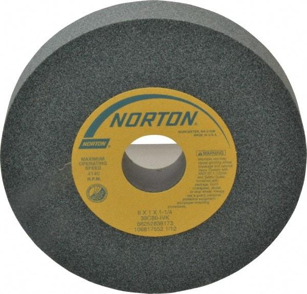 Norton - 6" Diam x 1-1/4" Hole x 1" Thick, I Hardness, 80 Grit Surface Grinding Wheel - Silicon Carbide, Type 1, Medium Grade, 4,140 Max RPM, Vitrified Bond, No Recess - Caliber Tooling