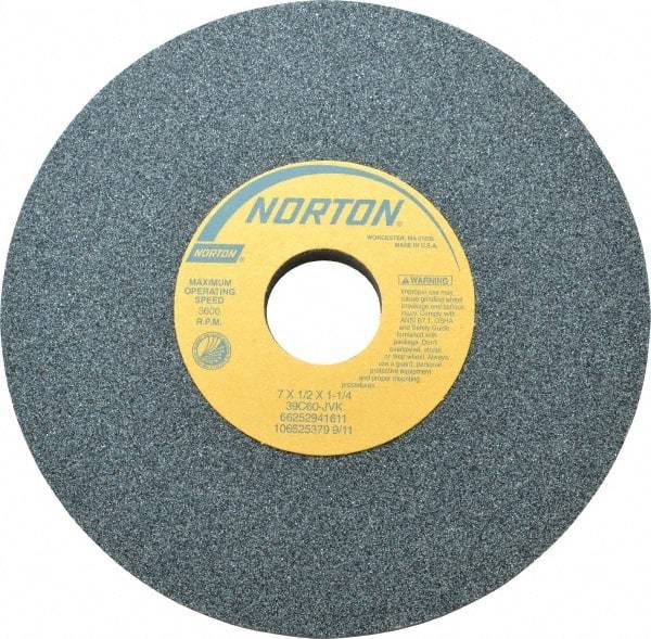 Norton - 7" Diam x 1-1/4" Hole x 1/2" Thick, J Hardness, 60 Grit Surface Grinding Wheel - Silicon Carbide, Type 1, Medium Grade, 3,600 Max RPM, Vitrified Bond, No Recess - Caliber Tooling