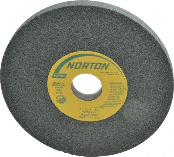 Norton - 7" Diam x 1-1/4" Hole x 1/2" Thick, K Hardness, 60 Grit Surface Grinding Wheel - Silicon Carbide, Type 1, Medium Grade, 3,600 Max RPM, Vitrified Bond, No Recess - Caliber Tooling