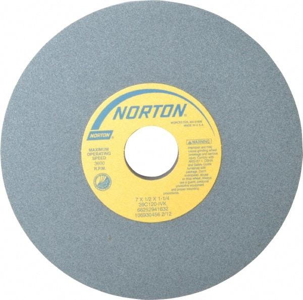 Norton - 7" Diam x 1-1/4" Hole x 1/2" Thick, I Hardness, 120 Grit Surface Grinding Wheel - Silicon Carbide, Type 1, Fine Grade, 3,600 Max RPM, Vitrified Bond, No Recess - Caliber Tooling