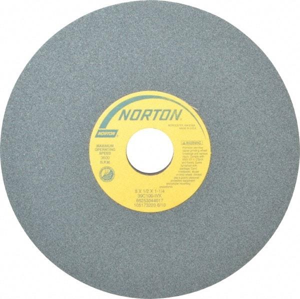 Norton - 8" Diam x 1-1/4" Hole x 1/2" Thick, I Hardness, 100 Grit Surface Grinding Wheel - Silicon Carbide, Type 1, Fine Grade, 3,600 Max RPM, Vitrified Bond, No Recess - Caliber Tooling