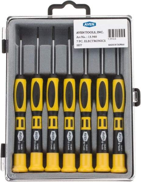 Aven - 7 Piece Phillips & Slotted Screwdriver Set - Soft Touch Handle, Bit Sizes: Philips #00 to #1 - Caliber Tooling