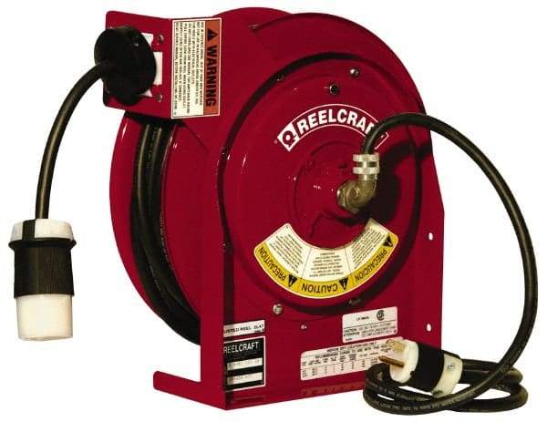 Reelcraft - 12 AWG, 45' Cable Length, Cord & Cable Reel with Outlet End - 1 Outlet, NEMA 5-20R, 20 Amps, 125 Volts, SJEOOW Cable, Red Reel - Caliber Tooling