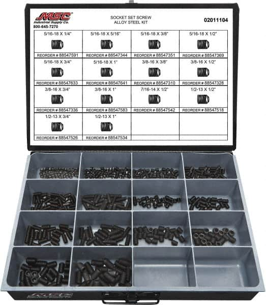 Value Collection - 500 Piece, 5/16 to 1/2, Steel Set Screw Assortment - Socket Cap Head, Hex Socket Drive, 1 to 3/4" Long - Caliber Tooling