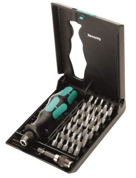 Wera - 32 Piece, 1/4" Drive Screwdriver Tamperproof Bit Set - Tamperproof 2 to 6mm Hex, Tamperproof 7 to 40 Torx, #0, #1, #2 & #3 Square Recess - Caliber Tooling