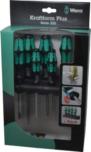 Wera - 6 Piece Pozidriv & Slotted Screwdriver Set - Hex with Bolster Shank, Kraftform Ergonomic Handle, Bit Sizes: Philips #1 & #2, Posidriv Point #1 & #2, Tip Thickness: 9/64, 5/32, 7/32 & 1/4 - Caliber Tooling