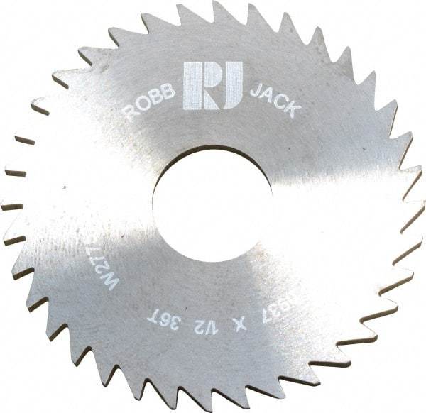 RobbJack - 1-3/4" Diam x 0.0937" Blade Thickness x 1/2" Arbor Hole Diam, 36 Tooth Slitting and Slotting Saw - Arbor Connection, Right Hand, Uncoated, Solid Carbide, Concave Ground - Caliber Tooling