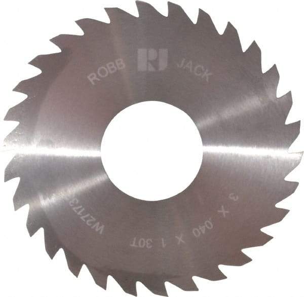 RobbJack - 3" Diam x 0.04" Blade Thickness x 1" Arbor Hole Diam, 30 Tooth Slitting and Slotting Saw - Arbor Connection, Right Hand, Uncoated, Solid Carbide, Concave Ground - Caliber Tooling