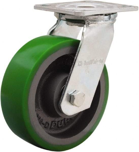 Hamilton - 6" Diam x 2" Wide x 7-1/2" OAH Top Plate Mount Swivel Caster - Polyurethane Mold onto Cast Iron Center, 1,200 Lb Capacity, Sealed Precision Ball Bearing, 4 x 4-1/2" Plate - Caliber Tooling