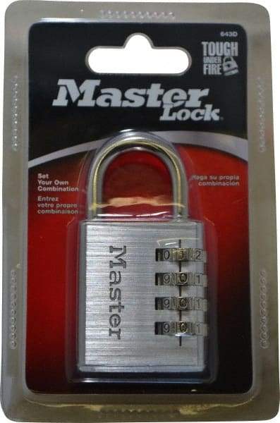 Master Lock - 1-9/16" Body Width, 7/8" Shackle Clearance, Aluminum Chrome Plated Combination Lock - 1/4" Shackle Diam, 1" Shackle Width - Caliber Tooling