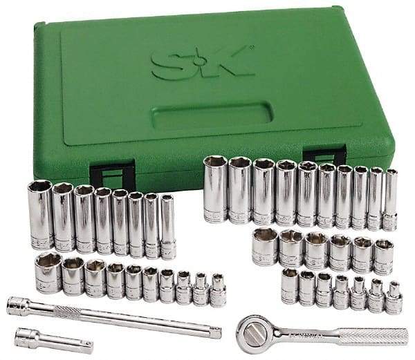 SK - 41 Piece 1/4" Drive Standard Deep Socket Set - 12 Points, 3/16 to 9/16", 5 to 14mm, Inch/Metric Measurement Standard - Caliber Tooling