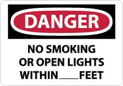 NMC - "Danger - No Smoking or Open Lights Within____feet", 10" Long x 14" Wide, Rigid Plastic Safety Sign - Rectangle, 0.05" Thick, Use for Accident Prevention - Caliber Tooling