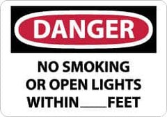 NMC - "Danger - No Smoking or Open Lights Within____feet", 10" Long x 14" Wide, Rigid Plastic Safety Sign - Rectangle, 0.05" Thick, Use for Accident Prevention - Caliber Tooling