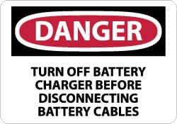 NMC - "Danger - Turn off Battery Charger Before Disconnecting Battery Cables", 10" Long x 14" Wide, Rigid Plastic Safety Sign - Rectangle, 0.05" Thick, Use for Accident Prevention - Caliber Tooling