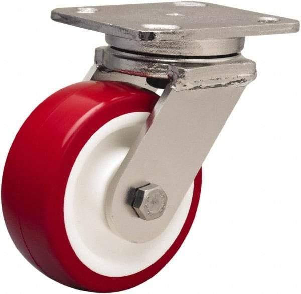 Hamilton - 5" Diam x 2" Wide x 6-1/2" OAH Top Plate Mount Swivel Caster - Polyurethane Mold on Polypropylene, 1,000 Lb Capacity, Delrin Bearing, 4 x 5" Plate - Caliber Tooling