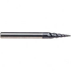 Emuge - 8° Taper Angle per Side, 3.85mm Small End Diam, 15mm LOC, Solid Carbide 3 Flute Tapered Ball End Mill - TiAlN Finish, 62mm OAL, 6mm Shank Diam, Spiral Flute, 45° Helix - Caliber Tooling