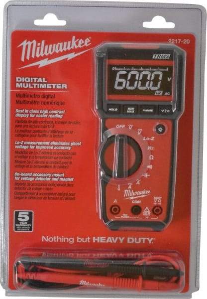 Milwaukee Tool - 2217-20, CAT III, 600 VAC/VDC, Digital True RMS Auto Ranging Multimeter - 40 mOhm, Measures Voltage, Capacitance, Current, Frequency, Resistance, Temperature - Caliber Tooling